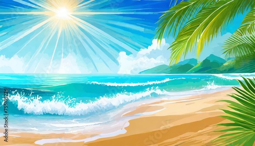 beach paradise ocean background illustration waves tropical serene tranquil sand palm beach paradise ocean background