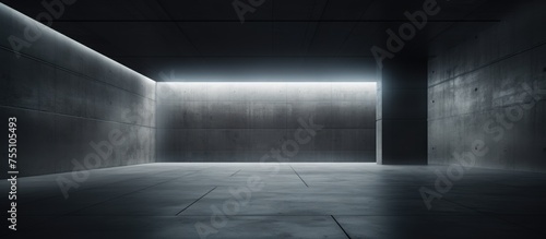 A dark abstract concrete room with a smooth interior is shown. At the end of the room, a bright light is visible, illuminating the space with a stark contrast.