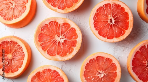 a group of grapefruits cut in half on a white surface with other grapefruits in the background.