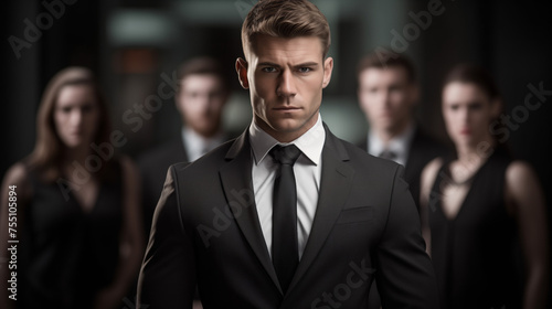 Confident businessman in a suit with team members in the background. Leadership and corporate team concept.