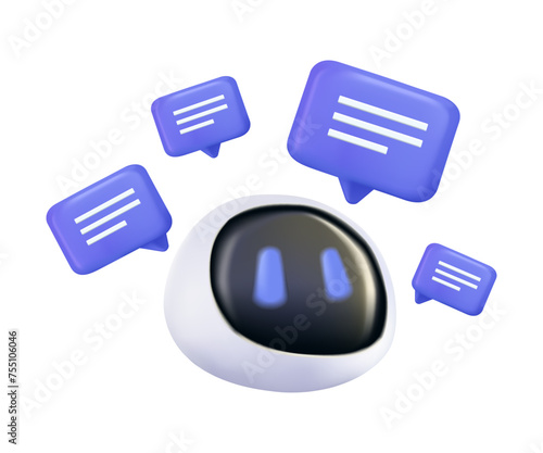 Chatbot 3D icon features speech bubbles around of robot head, symbolizing automated communication, machine learning, ai artificial intelligence algorithm. Vector 3D smart bot service symbol