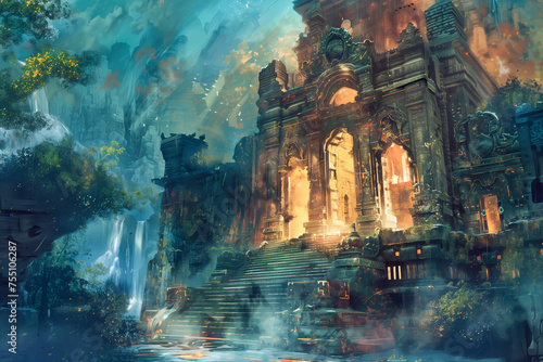 Detailed Mystic fantasy temple detailted paint illustration for wallpaper