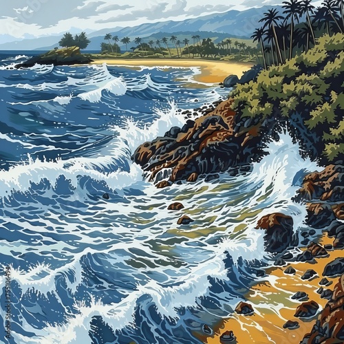 Vibrant Coastal Scene Illustration with Waves Crashing on Rocky Shore for Tropical Travel Art