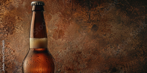 A lone beer bottle with beading condensation sits against a textured rustic background, evoking a sense of nostalgia photo