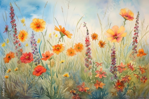 watercolor painting of Texas wildflowers swaying in the breeze.