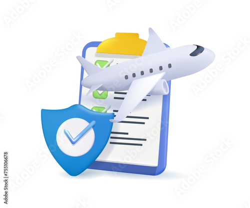 Flight insurance policy with plane travel tourism trip. Life insurance. Tourism plane trip planning world tour with shield protection icon. 3d icon vector airplane illustration