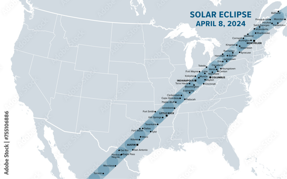 Great American Total Solar Eclipse of April 8, 2024. Political map containing names of cities inside the path of totality. Visible across North America, passing over Mexico, United States, and Canada. - obrazy, fototapety, plakaty 