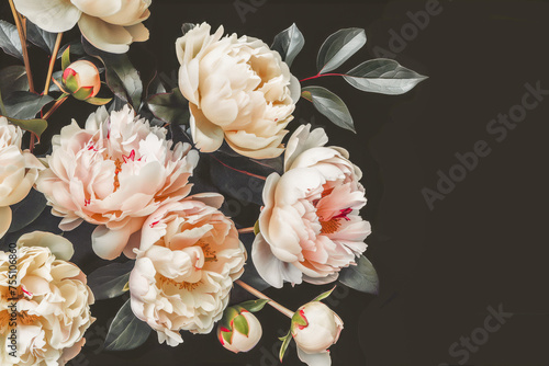 Floral banner  flower cover or header with vintage bouquets. Pink peonies  white roses isolated on black background.