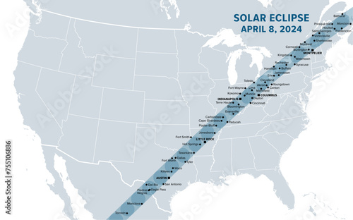 Great American Total Solar Eclipse of April 8, 2024. Political map containing names of cities inside the path of totality. Visible across North America, passing over Mexico, United States, and Canada. photo