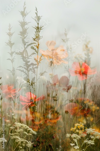 field with flowers, blur, neutral color wall art © World of AI