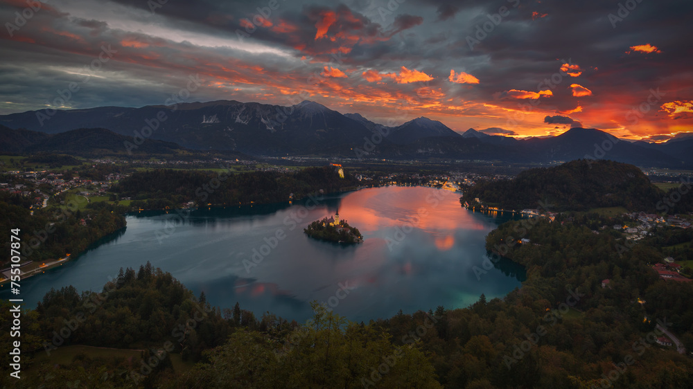 Mountain Lake Bled in Slovenia at beautiful sunrise