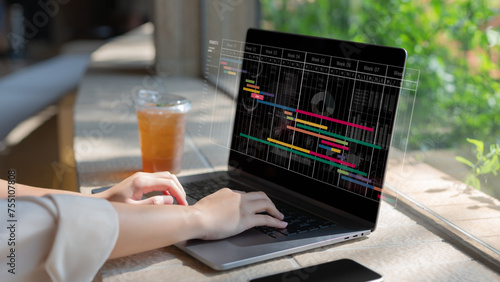 businesswoman plans and manages weekly schedule on laptop, Manager changes schedule, Customer requests change of appointment time, Update work schedule, Copy space