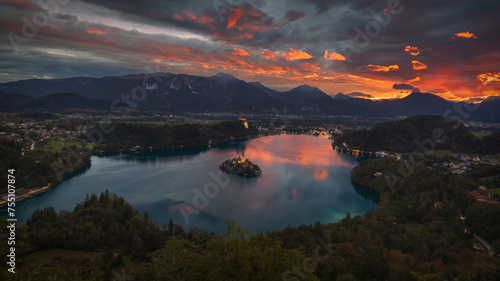 Mountain Lake Bled in Slovenia at beautiful sunrise