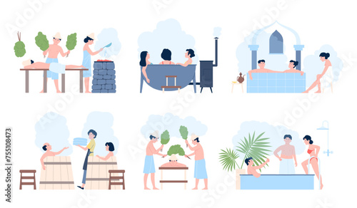 Relaxation in sauna. Hammam or steam room. Men and women resting in bath tube. Wellness spa and finnish bathhouse, flat recent vector scenes