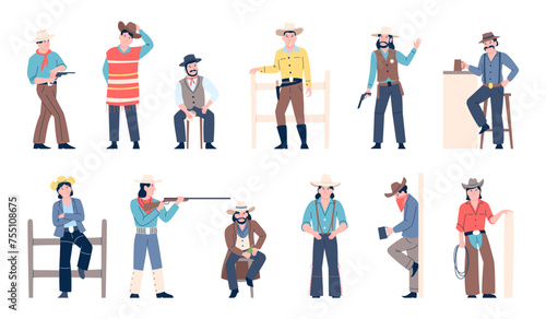 Cowboy characters. Wild west style male character. Western heroes wear hats and costumes. Traditional texas fashion, flat recent vector set