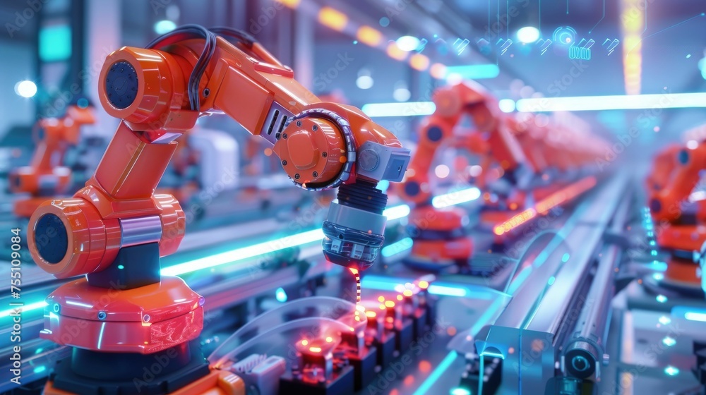 Smart manufacturing solutions with IoTenhanced robots visualized in vibrant 3D cartoon animation Smart manufacturing solutions with IoTenhanced robots visualized in vibrant 3D cartoon animation