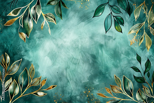 Luxury watercolor background with golden branches and leaves in line art style. Botanical abstract green wallpaper for banner design, textile, print, decor