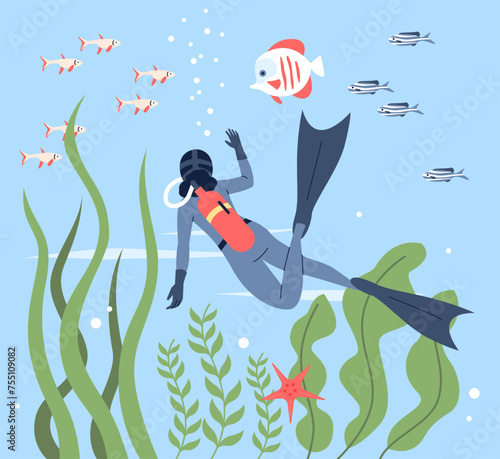 Scuba diving. Professional diver exploration underwater world and sea life. Resting in ocean, hobby or work. Person with oxy balloon, recent vector scene photo