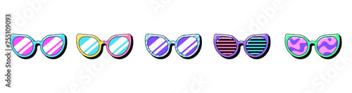 Isolated retro sunglasses icon set, vector stickers. Fashion glasses, glamour spectacles, crazy party eyewear. Outline 3d sunglasses with pattern. Retro design elements for party and pop culture