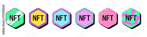 Isolated retro NFT token icon set, vector stickers. NFT technology, digital token collection, virtual crypto coin. Outline 3D NFT tokens with pattern. Retro design elements for ads and pop culture