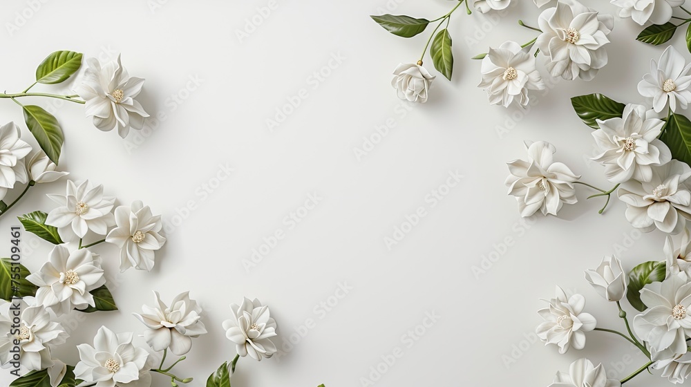 a clean, white space adorned with small, delicate Gardenia flowers arranged in the corner, presented in a flat lay, top view, perfect for a phone background, exuding cleanliness and minimalism. a clean, white space adorned with small, delicate Gardenia flowers arranged in the corner, presented in a flat lay, top view, perfect for a phone background, exuding cleanliness and minimalism.