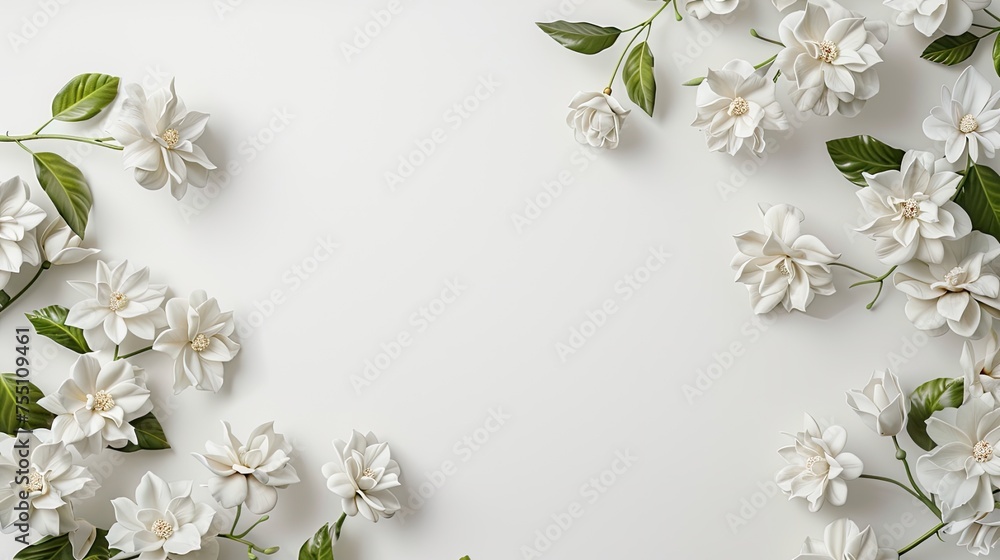 a clean, white space adorned with small, delicate Gardenia flowers arranged in the corner, presented in a flat lay, top view, perfect for a phone background, exuding cleanliness and minimalism.