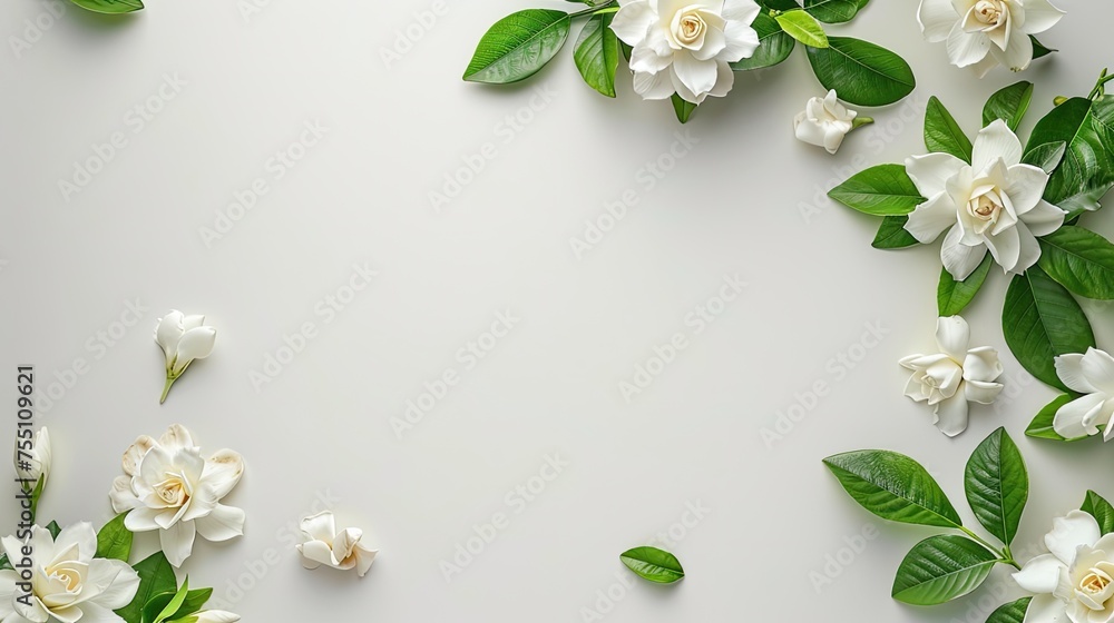 Fototapeta premium a clean, white space adorned with small, delicate Gardenia flowers arranged in the corner, presented in a flat lay, top view, perfect for a phone background, exuding cleanliness and minimalism.