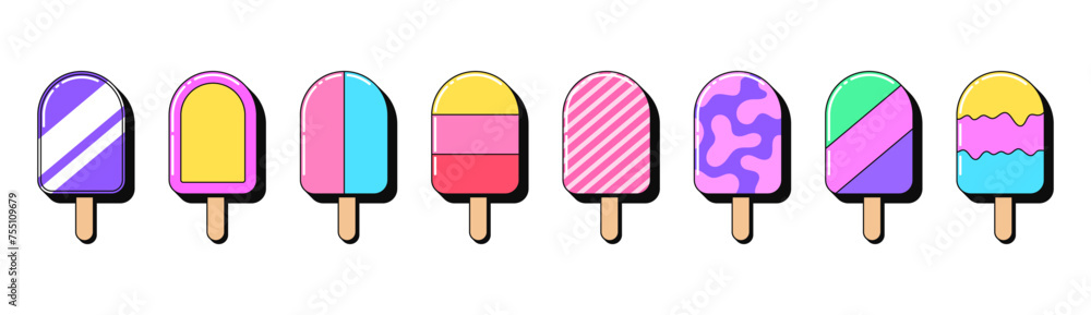 Isolated retro popsicle icon set, vector stickers. Fruit ice cream, frozen juice with stick, summer lollipop bar. Outline 3D popsicles with pattern. Retro design elements for ads and pop party Isolated retro popsicle icon set, vector stickers. Fruit ice cream, frozen juice with stick, summer lollipop bar. Outline 3D popsicles with pattern. Retro design elements for ads and pop party