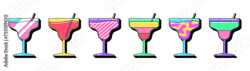 Isolated retro cocktail icon set, vector stickers. Cocktail party, glasses with juice or alcohol drink, summer bar. Outline 3D cocktails with pattern. Retro design elements for ads and pop party