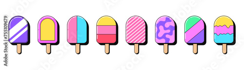 Isolated retro popsicle icon set, vector stickers. Fruit ice cream, frozen juice with stick, summer lollipop bar. Outline 3D popsicles with pattern. Retro design elements for ads and pop party