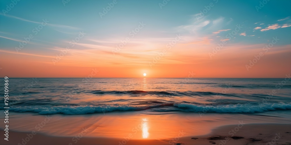 Mesmerizing sunset on beach orange and blue sky sun setting peaceful sea. Concept Beach Photography, Sunset Colors, Tranquil Seascapes, Nature's Beauty, Twilight Serenity