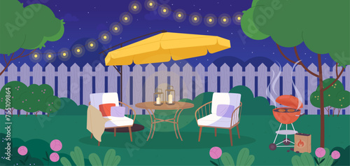 Bbq time. Night summer grill in garden. Cozy evening with lantern, barbecue food on backyard. Weekend resting or dating, racy vector scene