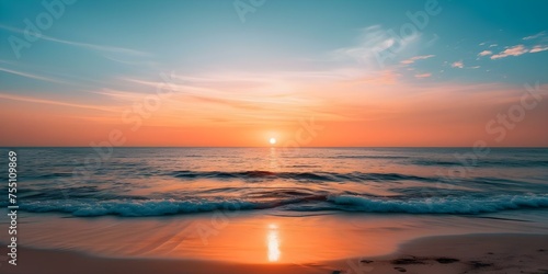 Mesmerizing sunset on beach orange and blue sky sun setting peaceful sea. Concept Beach Photography, Sunset Colors, Tranquil Seascapes, Nature's Beauty, Twilight Serenity © Ян Заболотний