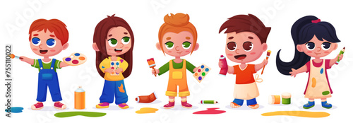 Kids artists. Children in art school and drawing lesson. Cute cartoon little kid with brush, paints and tubes. Happy creative characters nowaday vector set