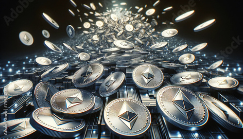 A panoramic digital scene filled with numerous silver Ethereum coins, creating a sea of Ethereums. The scene is set against a dark