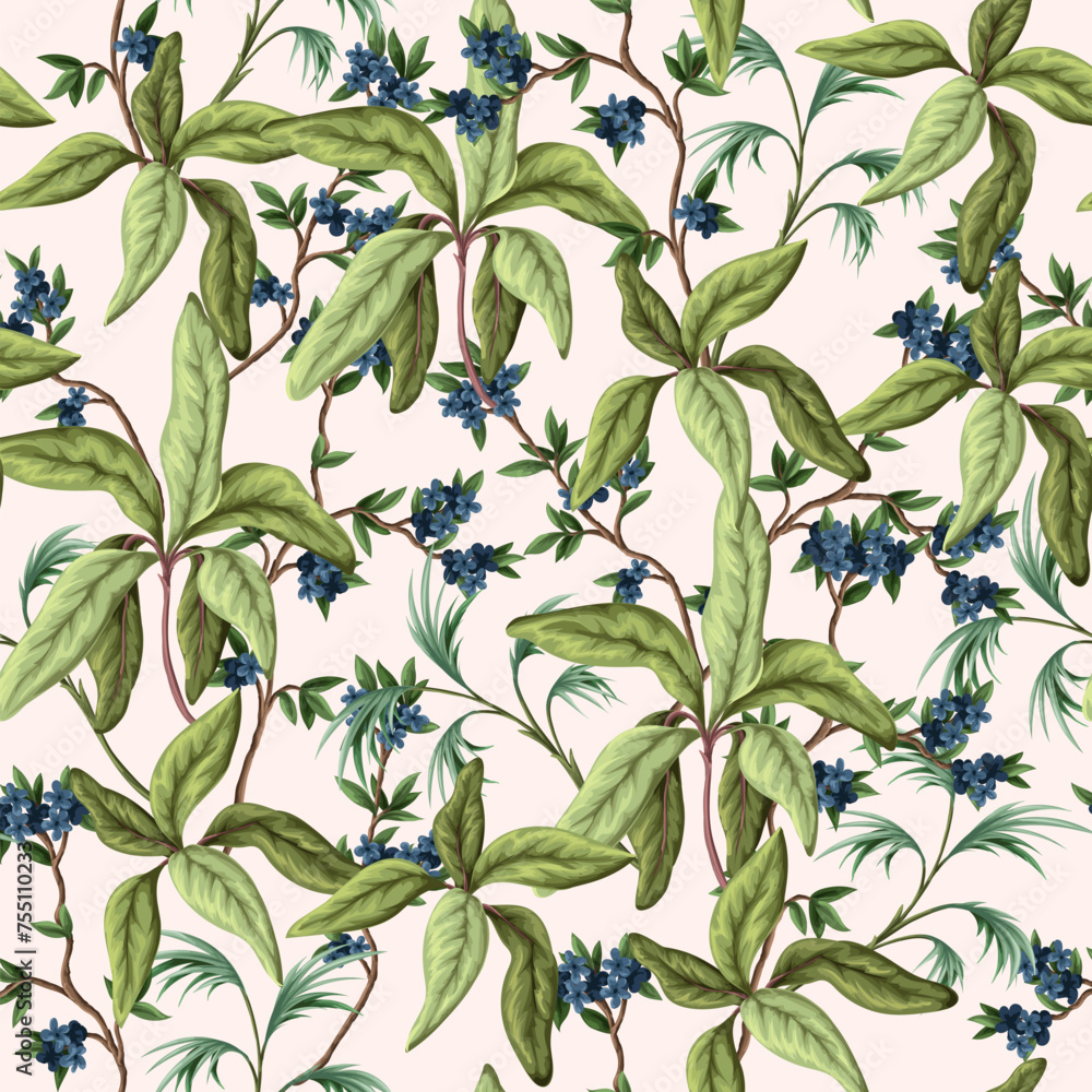 Seamless pattern with exotic trees, leaves and flowers. Vector. Seamless pattern with exotic trees, leaves and flowers. Vector.