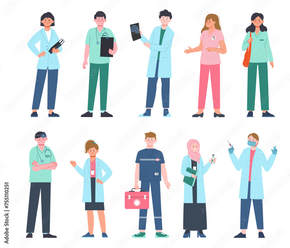 Doctors and nurses. Medical workers in uniform. Hospital team characters, ambulance employee. Pediatrician and surgery, splendid vector set