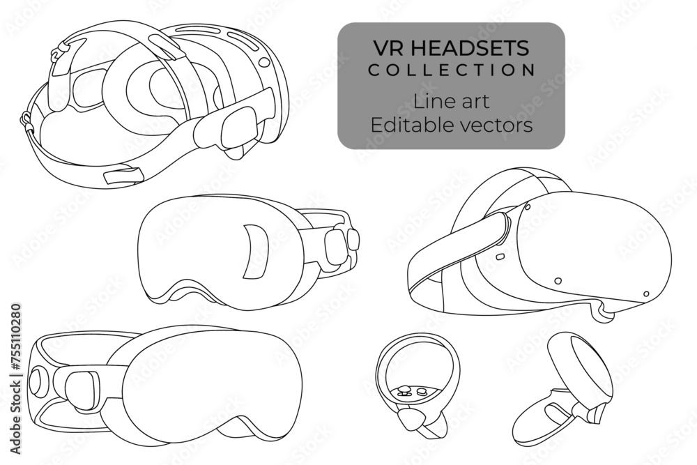 © Legushka - VR headset metaverse line drawing outline editable vector  tech product collection