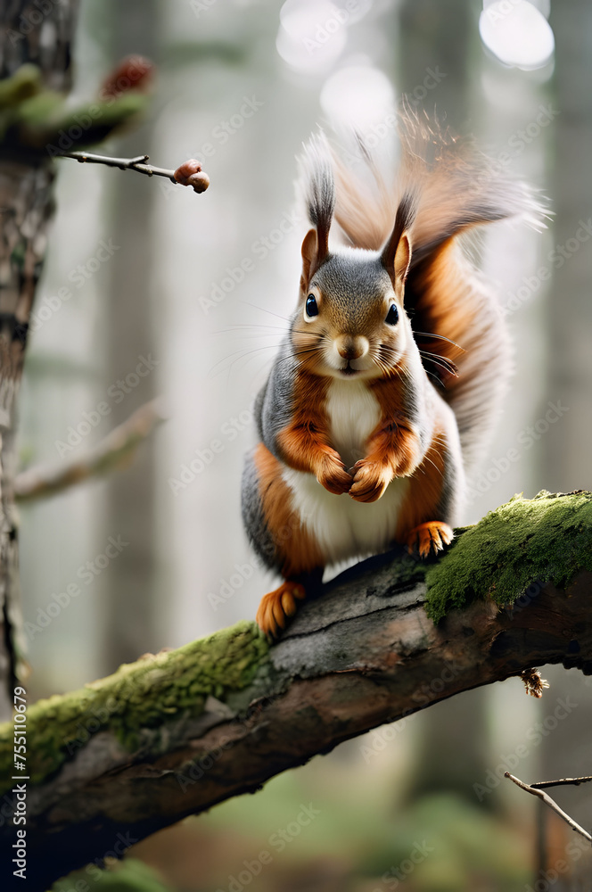 Fototapeta premium A cute red squirrel is sitting on a moss-covered branch in the forest