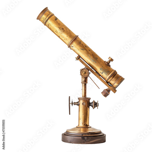 Antique brass telescope on transparent background