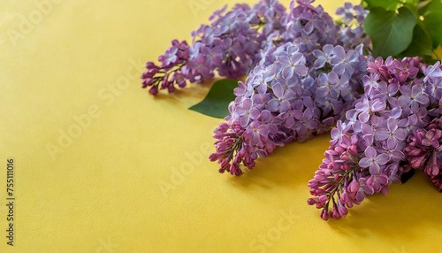 lilac flowers lie on a yelllow background place for text