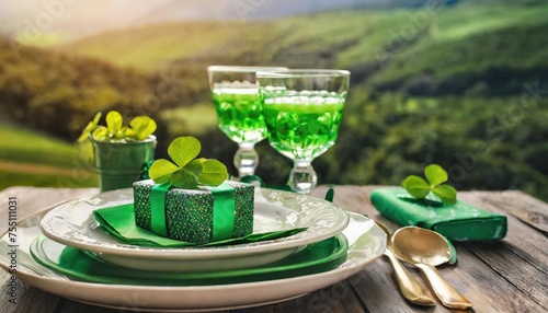 A serene table setting featuring green drinks and a clover, overlooking a lush landscape, ready for St. Patrick's Day