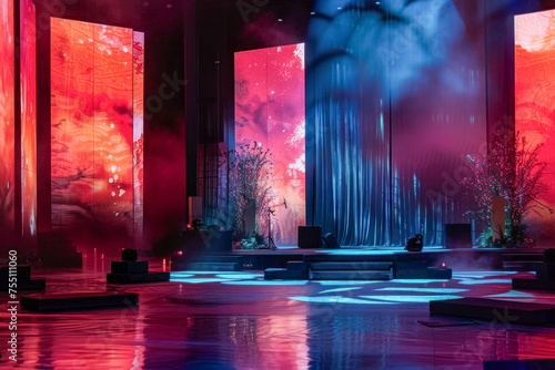 Dramatic Theater Stage with Vibrant Lighting and Atmospheric Smoke Effects