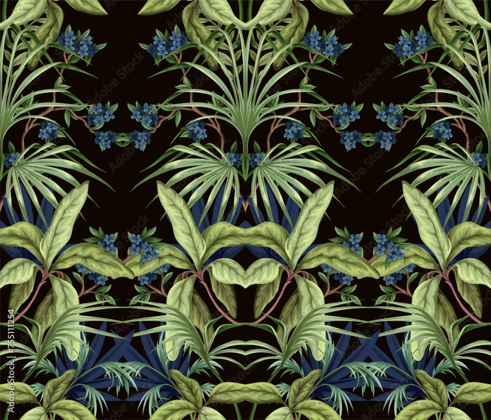 Seamless pattern with exotic trees, leaves and flowers. Vector. Seamless pattern with exotic trees, leaves and flowers. Vector.