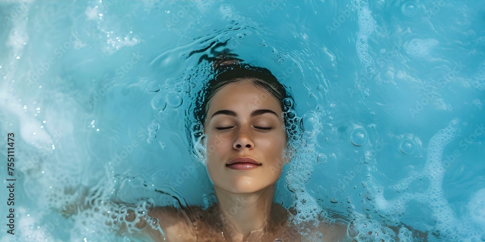 Woman achieves ultimate relaxation in icy spa promoting wellness and serenity. Concept Spa Experience, Ice Bath Therapy, Wellness Retreat, Relaxation Techniques, Serene Environment
