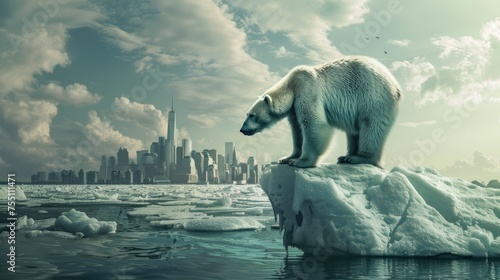 A solitary polar bear stands atop a floating iceberg, gazing upon a futuristic cityscape under a hazy sky