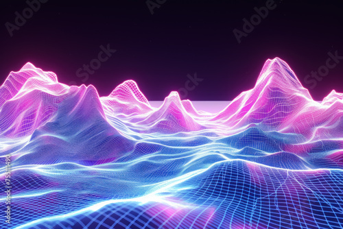 Digital Terrain: Neon Light Waves Forming 3D Mountain Landscape in Virtual Reality