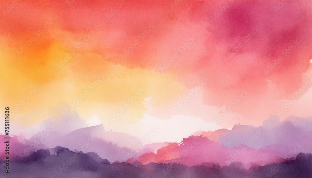 colorful watercolor background with painted sunset sky colors of pink red orange purple and yellow abstract beautiful painting on border with no people for template or website background