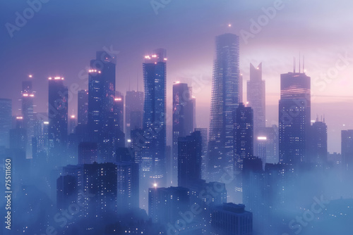 Dreamy Urban Dawn: Skyscrapers Rising Through a Misty Cityscape at Twilight