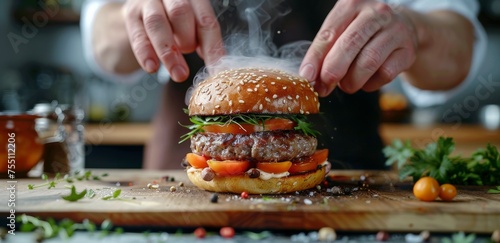 Hamburger Being Prepared on a Cutting Board